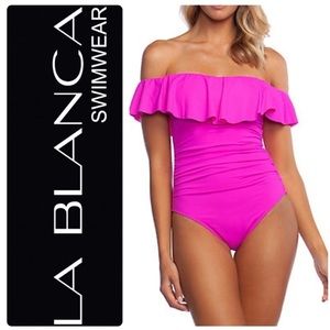 La Blanca off the Shoulder ruffled one-piece